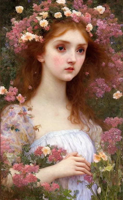 Image similar to a realistic oil painting of a girl resembling lily cole, covered in tons of flowers, highly detailed, intricate, detailed background, fairytale, artstation, by mucha, by william adolphe bouguereau, by waterhouse