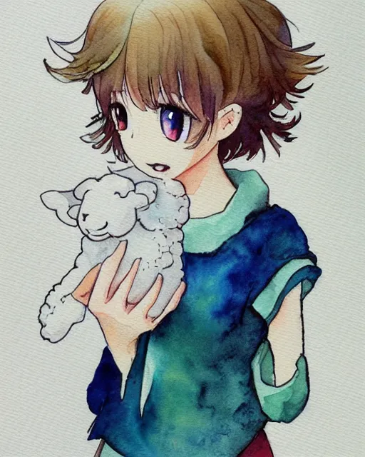 Prompt: a sheep girl, watercolor anime painting, full shot, perfect shading