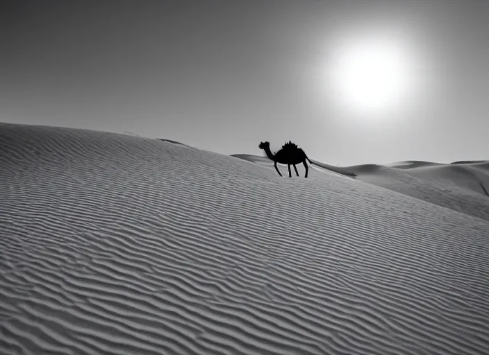 Image similar to a 2 8 mm macro tilt shift view of a camel caravan crossing sand dunes in the desert with the afternoon sun, photography, film, film grain, canon 5 0 mm, cinematic lighting, golden hour, sandstorm,