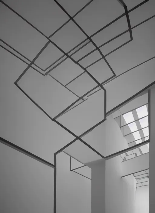 Prompt: MC Escher light installation, cubist, indoor, gallery François Morellet, Dan Flavin, Untitled (in honor of Harold Joachim) 3, 1977, James Turrell, Doug Wheeler, light and space, 4K, marble floors, rough textures, procedural textures, photography, volumetric lighting, ray tracing