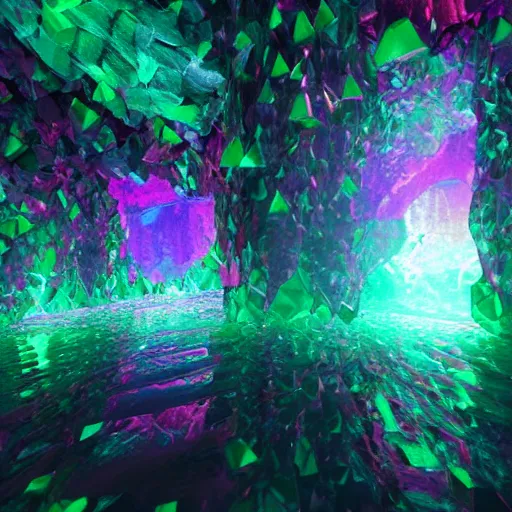 Prompt: a render of a vibrant crystal cavern, 3d, octane render, unreal engine, iridescent, rainbow colors, volumetric lighting, high resolution, cinematic, f11