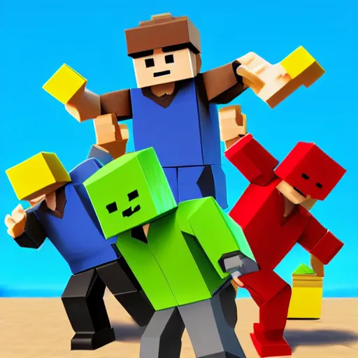 Prompt: block figures looking like roblox figures who are (playing with a computer)!! in a block world, having fun in the sun, bright and fun colors