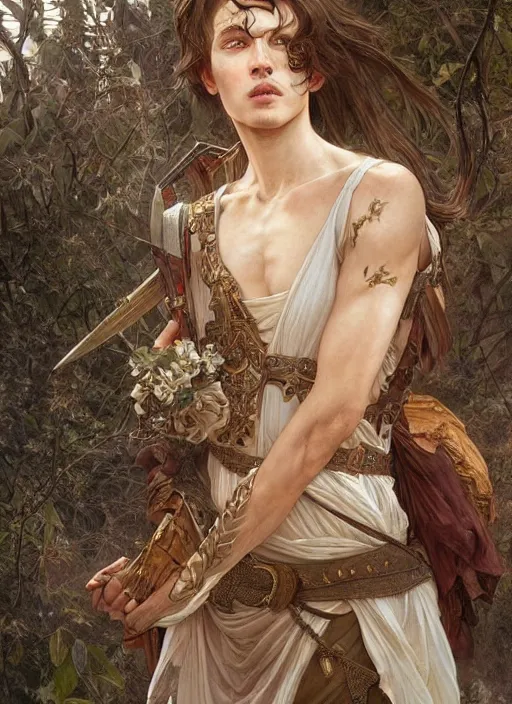 Prompt: intricate detailed portrait painting of a male fantasy ranger, old mystic ruins, afternoon, intricate, elegant, highly detailed, digital painting, sharp, focus, illustration art by artgerm and greg rutkowski and alphonse mucha