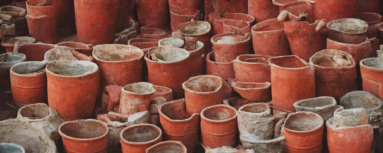 Image similar to spaghetti being stored in ancient terra cotta pots, middle east, fine detail, canon 5 0 mm, in the style wes anderson, kodachrome, retro