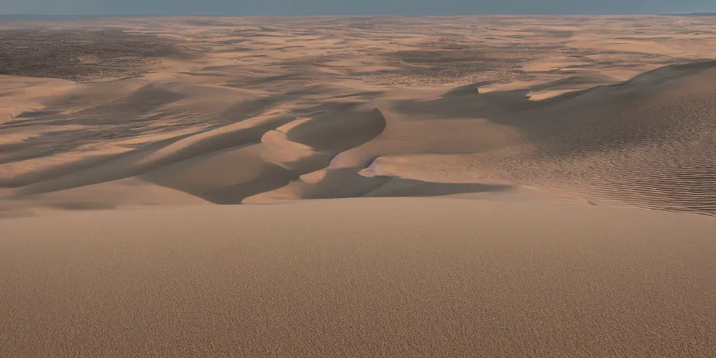 Prompt: a desert landscape of sand dunes, dramatic lighting