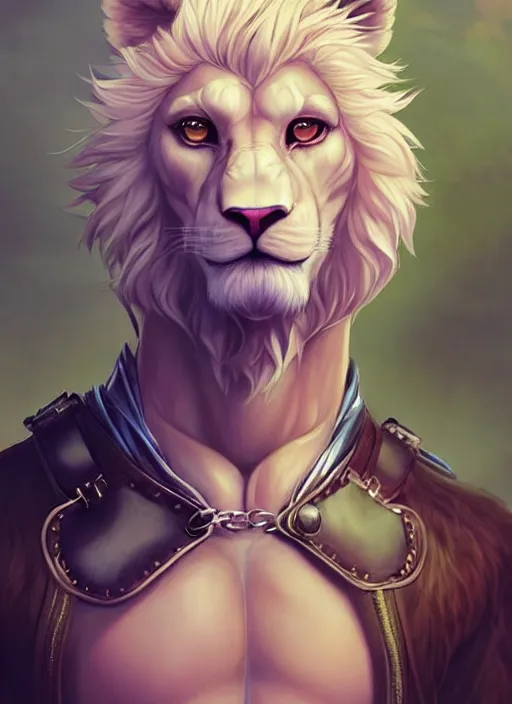 Image similar to aesthetic portrait commission of a of a male fully furry muscular anthro albino lion wearing a summer outfit and leather harness with a tail and a beautiful attractive hyperdetailed face at golden hour, fully clothed . Character design by charlie bowater, ross tran, artgerm, and makoto shinkai, detailed, inked, western comic book art, 2021 award winning film poster painting