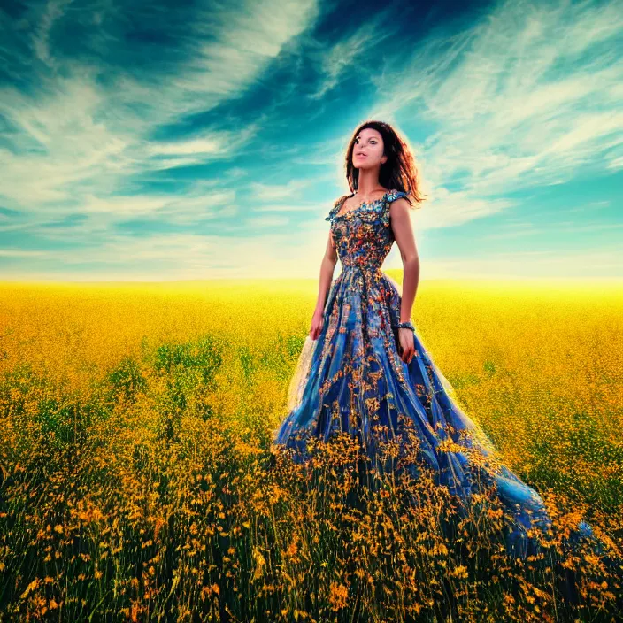 Image similar to portrait photo of a very beautiful!! woman on intricate dress in an endless heavenly meadow, 4 k, hdr, smooth, sharp focus, high resolution, award - winning photo