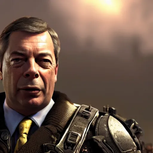 Image similar to Portrait of Nigel Farage in Gears of War, splash art, movie still, cinematic lighting, dramatic, octane render, long lens, shallow depth of field, bokeh, anamorphic lens flare, 8k, hyper detailed, 35mm film grain