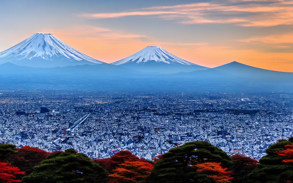 Image similar to a photo of mount fuji, among beautiful japanese landscapes, seen from a window of a train. dramatic lighting.