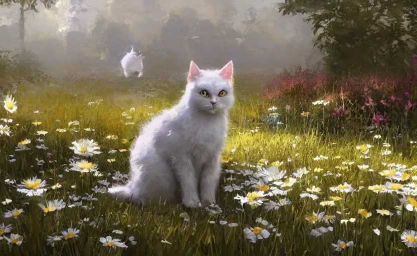 Image similar to cat and daisies, painting by craig mullins, octane rendering, soft morning lighting, wide angle lens, in the style of hayao miyazaki, trending on artstation,