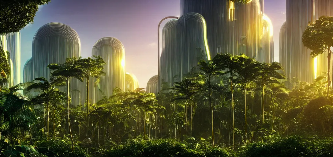 Prompt: futuristic shinny golden iridiscent mirror buildings in an jungle landscape of a solarpunk with overgrown vegetation city by le corbusier, movie poster, golden ratio, evening lighting, film still, realistic, spaceships landing, octane render redshift arnold materials unreal engine, 8 k post production, hyper detailed