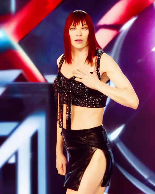 Image similar to mila jovovich as leeloo from the 5th element showing off her juggling skills on america's got talent, 4k tv still, cdx