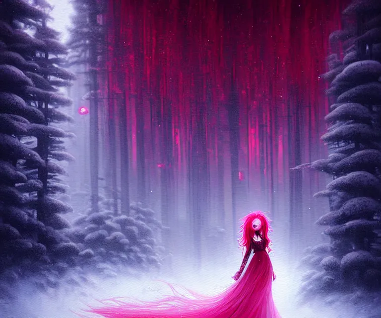 Image similar to a painting of a beautiful face gothic girl, pink hair in a stunning red wedding dress playing a piano in the dark snowy forestby yoshitaka amano and alena aenami, cg society contest winner, retrofuturism, matte painting, apocalypse landscape, cityscape