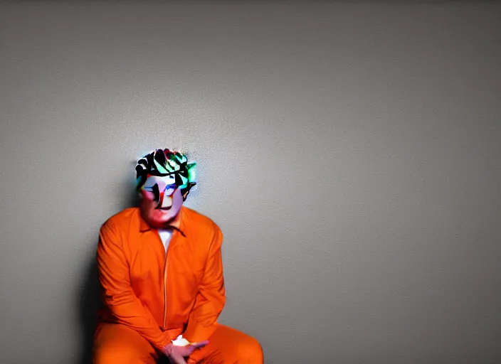 Prompt: photo of donald trump sitting in a jail cell wearing an orange jumpsuit defocused bars in the foreground, studio lighting, key light, 8 k, 8 5 mm f 1. 8