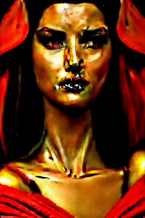 Image similar to Portrait of historically accurate, ancient biblical, sultry, sneering, evil, pagan, wicked, young queen jezebel, wearing gilded red robes, long black hair, intricate, elegant, highly detailed, digital painting, artstation, concept art, smooth, sharp focus, illustration, art by artgerm and greg rutkowski and alphonse mucha and andrei riabovitchev