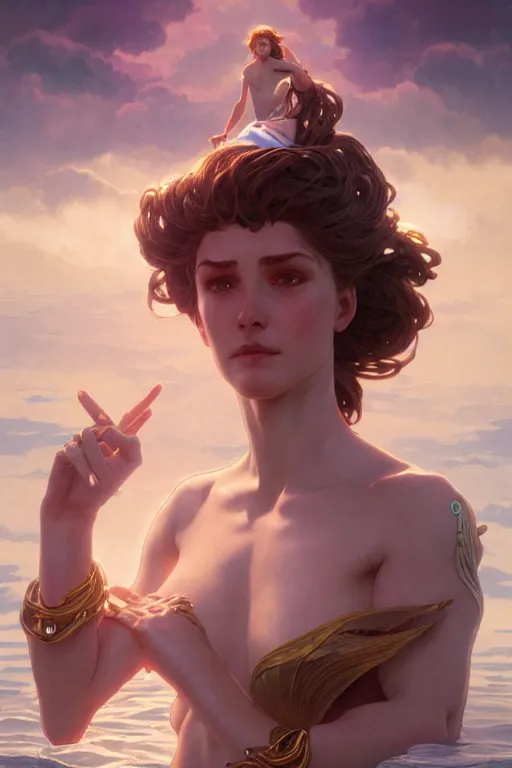 Image similar to goddess of the ocean, accurate anatomy, only two hands, highly detailed, digital painting, artstation, concept art, smooth, sharp focus, illustration, Unreal Engine 5, 8K, art by Ross Tran and greg rutkowski and alphonse Mucha