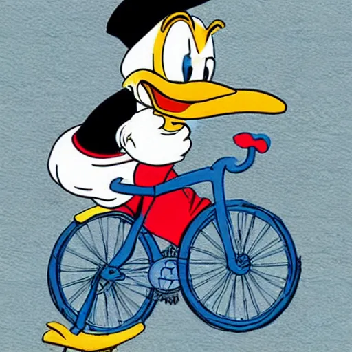 Prompt: donald duck riding a bike, in style of don rosa