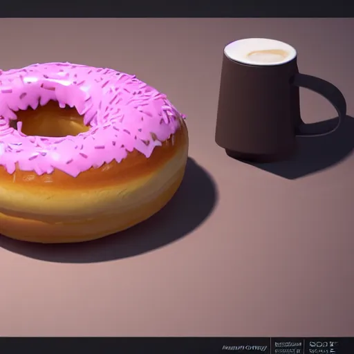 Image similar to A super detailed 3D render of a donut beside a hot cup of coffee, blender, unreal engine, trending on artstation