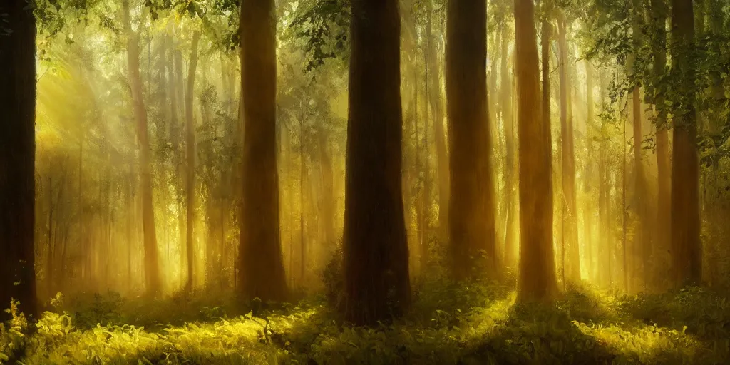 Prompt: An oil painting of an intensely beautiful forest in the morning with straight vertical trees; rays of light coming through the canopy; trending on artstation; extraordinary masterpiece!!!!!!; 8k; haunting beauty