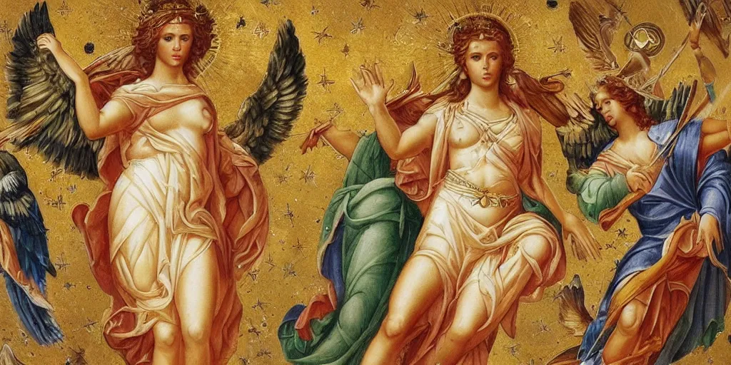 Image similar to majestic holy neorococo sistina saint Woman Venus godness Athena beautiful gracious pagans marble and gold in space stars clouds doves suns greeks war and peace trinity