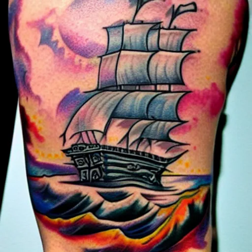 Image similar to A magical pirate ship, tattoo design on white background, hyper realistic shaded tattoo, award winning tattoo