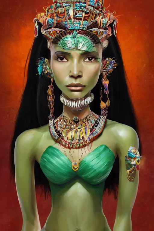 Image similar to a professionally painted portrait of a mayan queen , clothed in jade jewelry , olive skin, long dark hair, beautiful bone structure, symmetrical facial features, intricate, elegant, digital painting, trending on Artstation, concept art, smooth, sharp focus, illustration, from Rayman legends by Ruan Jia and Mandy Jurgens and Artgerm and William-Adolphe Bouguerea, award winning