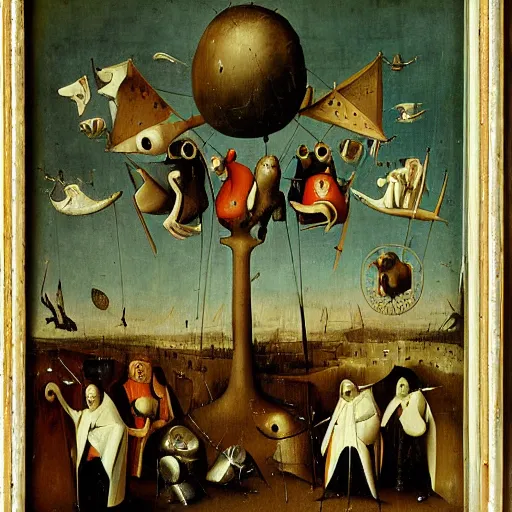 Prompt: Among Us impostor and crewmates by Hieronymus Bosch