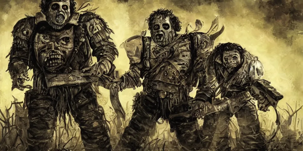 Prompt: Leatherface from Texas Chainsaw Massacre in the style of a warhammer 40K codex, art style of John Blanche, in a terrible future war, Grim Dark