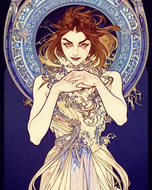 Image similar to in the style of artgerm, arthur rackham, alphonse mucha, phoebe tonkin, symmetrical eyes, symmetrical face, flowing blue skirt, full entire body, hair blowing, intricate filagree, hidden hands, warm colors, cool offset colors