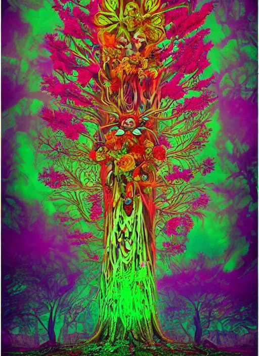 Image similar to a psychedelic surreal horror totem made of trees and multicolor flowers, fulcolor octane remder, cinematic