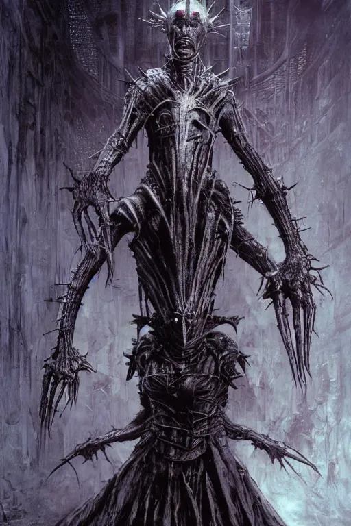 Prompt: portrait of pinhead hellraiser cenobite by hr giger, greg rutkowski, luis royo and wayne barlowe as a diablo, resident evil, dark souls, bloodborne monster