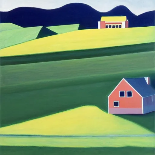 Image similar to dreaming futuristic rural landscape with modern houses, painted by Alex Katz and Edward Hopper, airbrush