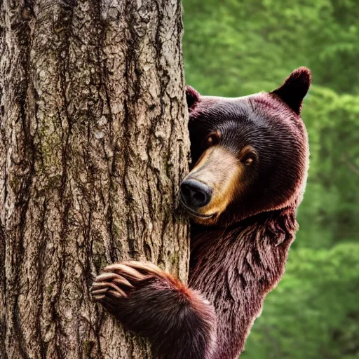 Image similar to bear hiding in a tree, realistic