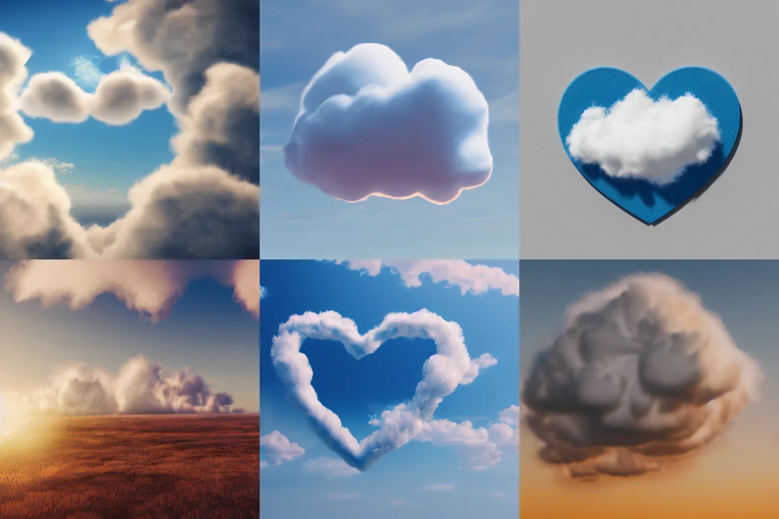 Prompt: beautiful fluffy cloud in heart shape on clear flat blue sky, epic, sunny day, hyper realism, photo, volume render, sss, octane render