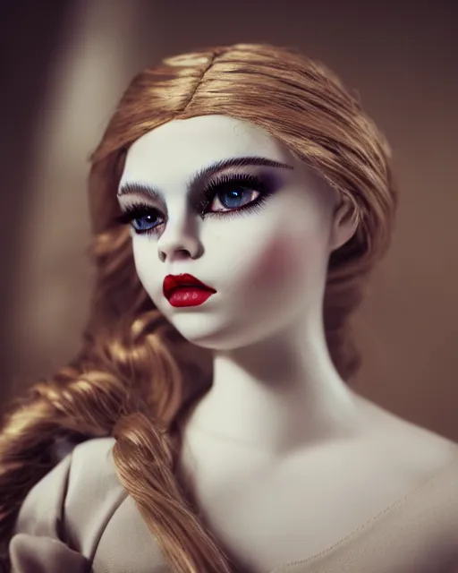 Image similar to high quality presentation photo of cara delevigne as a porcelain doll, photography 4k, f1.8 anamorphic, bokeh, 4k, Canon, Nikon