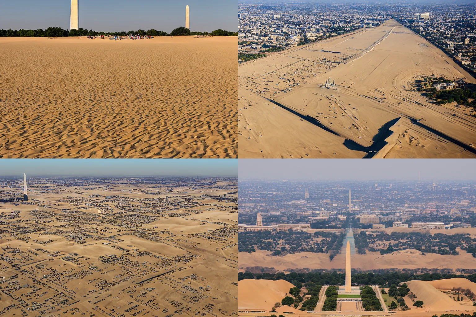 Prompt: A photo of the Washington Monument and national mall of Washington DC, surrounded by sand dunes as if taken in Egypt