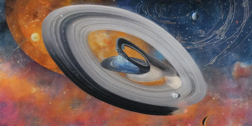 Prompt: a mixed media portrait painting of a space train traveling between the stars, with the rings of saturn in the distant background