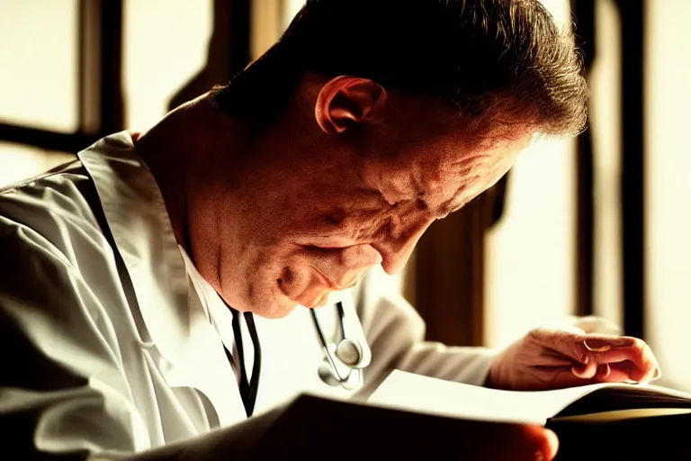 Prompt: a cinematic headshot portrait of an doctor reading his notes, moody lighting, movie still, shallow depth of field, muted colors, by werner herzog