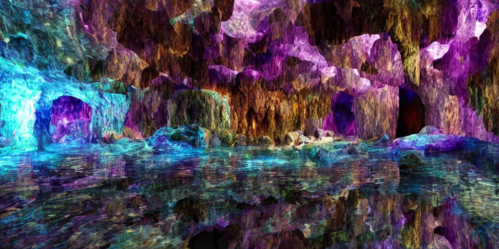 Image similar to mystical cavern underground, crystal, vivid, water, puddles, rocky, minerals, volumetric lighting