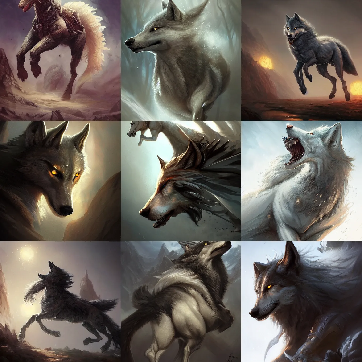 Prompt: wolf-horse, D&D, fantasy, highly detailed, digital painting, trending on artstation, concept art, sharp focus, illustration, art by artgerm and greg rutkowski and magali villeneuve