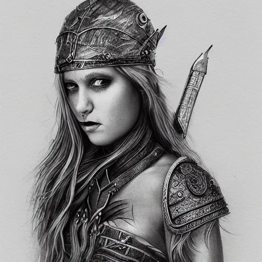 Image similar to hyper realistic pencil drawing of a goth viking princess, detailed, rim light, diffused, intricate, axe, by anna dittmann