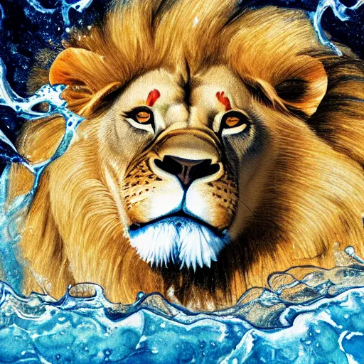 Image similar to a male lion's face breaching through a wall of water, water sprites, splashing, deep blue water color, highly detailed