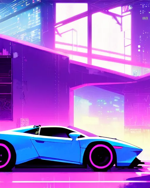 Image similar to digital illustration of cyberpunk pretty girl with blue hair, looking at a purple lamborghini, back view, in junkyard at night, by makoto shinkai, ilya kuvshinov, lois van baarle, rossdraws, basquiat