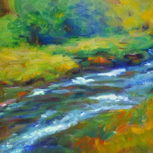 Image similar to a beautiful impressionist painting of a winding river, oils on canvas