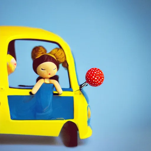 Image similar to blue doll holding yellow car in the hand, on top of her head laying red ball