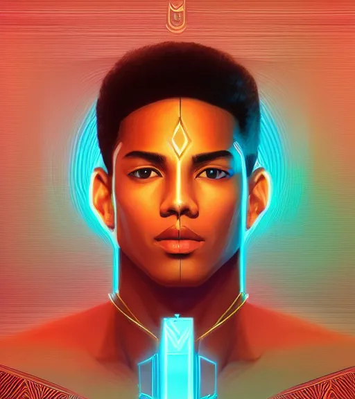 Image similar to symmetry!! egyptian prince of technology, solid cube of light, hard edges, product render retro - futuristic poster scifi, lasers and neon circuits, brown skin man egyptian prince, intricate, elegant, highly detailed, digital painting, artstation, concept art, smooth, sharp focus, illustration, dreamlike, art by artgerm