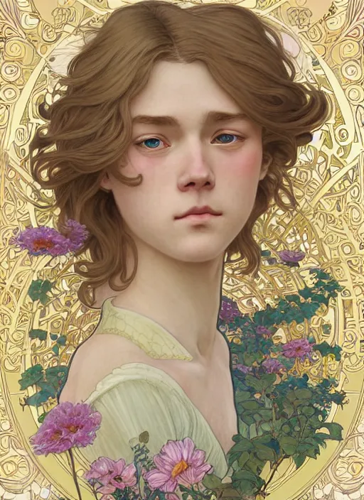 Prompt: pretty young man with shoulder length blond hair, half body shot, emotional, decorative flower patterned background, path traced, highly detailed, high quality, digital painting, by studio ghibli and alphonse mucha, leesha hannigan, hidari, disney, jules bastien - lepage, art nouveau, martine johanna, android jones