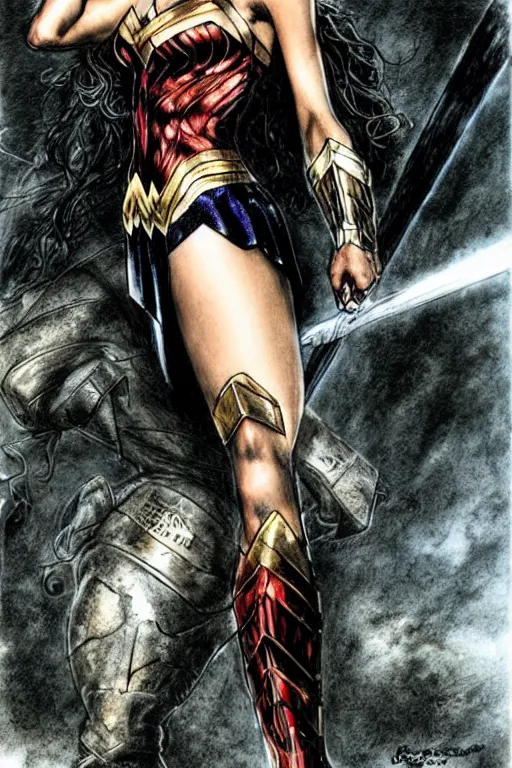 Image similar to Gal Gadot as Wonder Woman with athletic body, illustration by Luis Royo