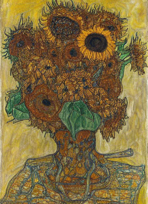 Image similar to an intricate drawing from observation of intertwined sunflowers, some sunflowers dead, some are blooming or crumbling, by Egon Schiele and Piet Mondrian, colors of Mark Rothko