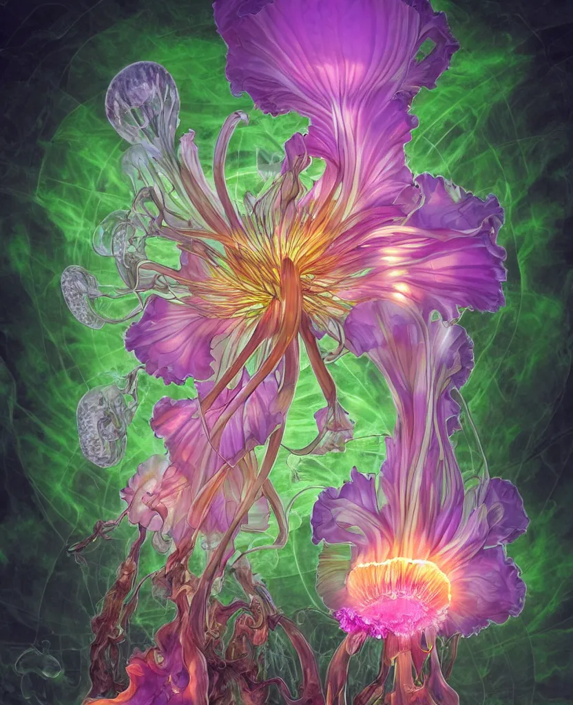 Prompt: a giant flower made out of chakra, giant gladiola and jellyfish chakra inside a giant fungus, translucent, bio luminescent, plasma, energy flow. highly detailed, excellent composition